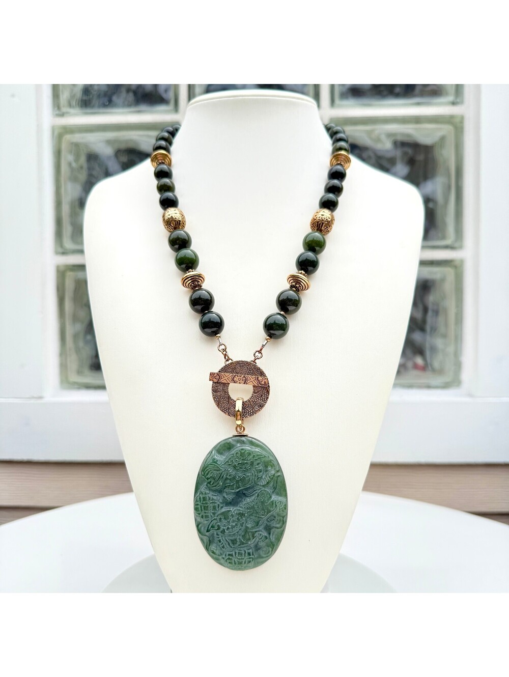 Vintage Green Jade Carved Necklace, Signed AKR. Removable Enhancer Pendant.